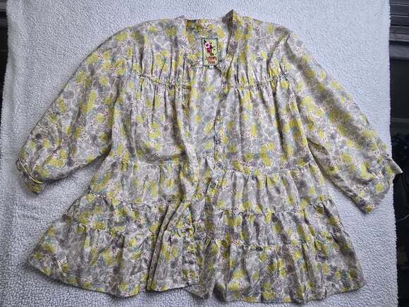 Johnny Was Tops - Johnny Was Silk Tiered Floral Button-Down Blouse Top Yellow Size L